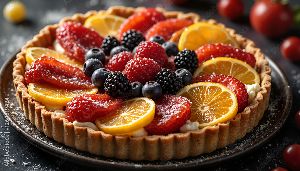 Artfully arranged Fruit tart with berries and orange slices in European bakery, culinary delight Artfully arranged Fruit tart with berries and orange slices in European bakery, culinary delight
