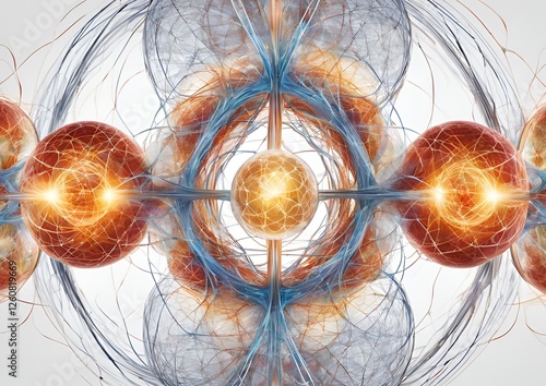 Scientific atom models with colorful electron orbits for physics and chemistry on white light background