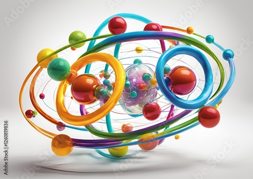 Scientific atom models with colorful electron orbits for physics and chemistry on white light background