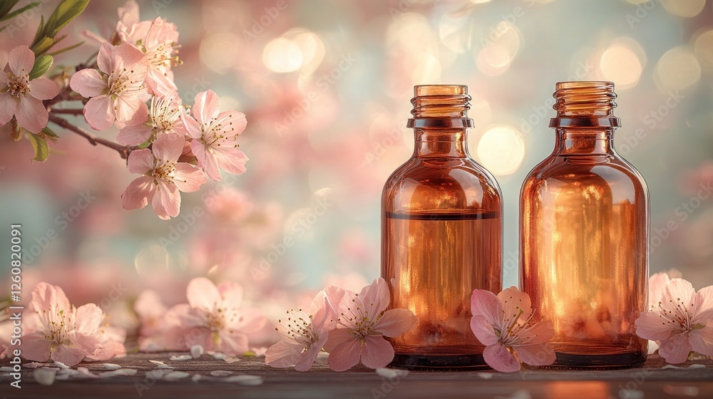 Cherry Blossom Essential Oils on Wooden Surface Cherry Blossom Essential Oils on Wooden Surface