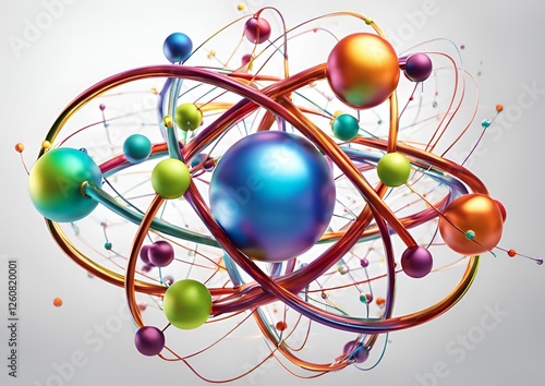 Scientific atom models with colorful electron orbits for physics and chemistry on white light background
