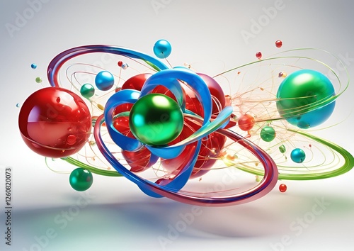 Scientific atom models with colorful electron orbits for physics and chemistry on white light background