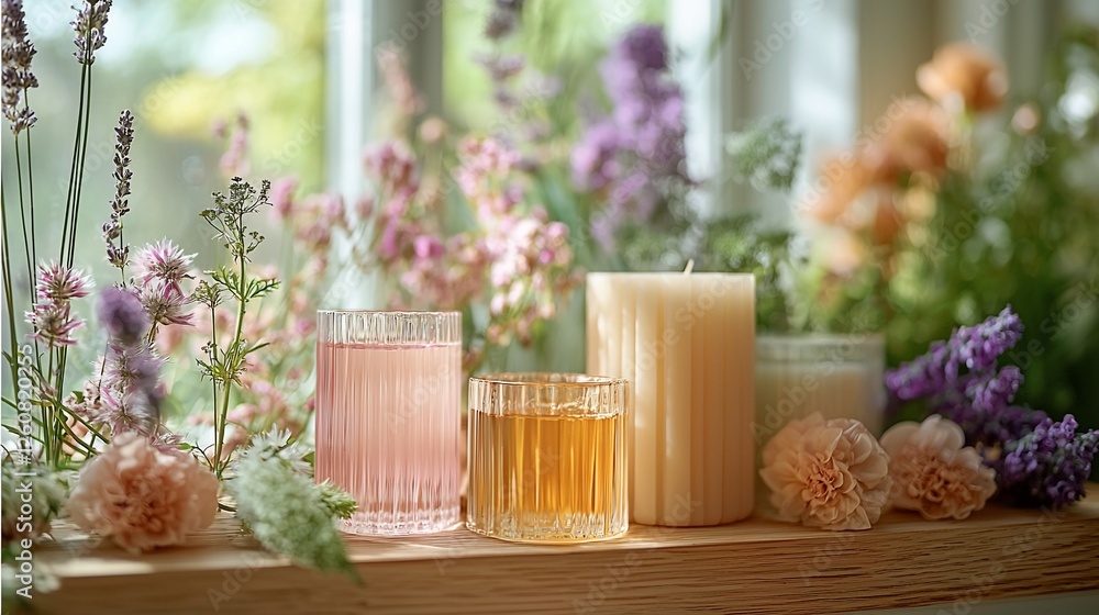 Floral candles and drinks on windowsill, sunny day, home decor Floral candles and drinks on windowsill, sunny day, home decor
