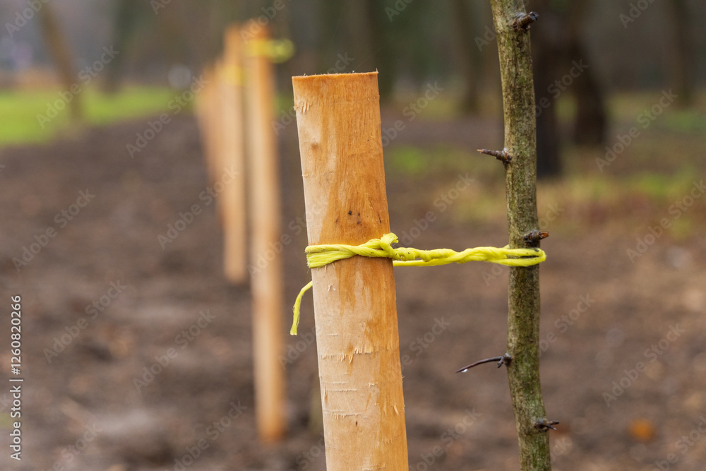 Wooden stakes tied to young trees aid their growth in a park, showcasing community efforts to enhance local green spaces Wooden stakes tied to young trees aid their growth in a park, showcasing community efforts to enhance local green spaces