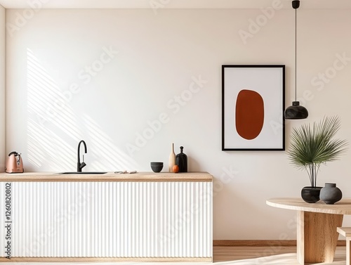 Modern Kitchen Interior Design Featuring Stylish Furniture, Bright Natural Light, Elegant Accessories, Minimalist Aesthetic
