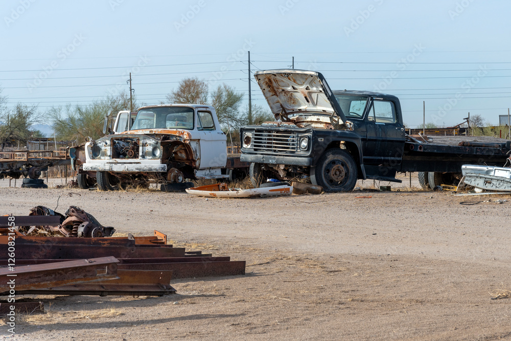 Two old trucks in an Arizona scrapyard Two old trucks in an Arizona scrapyard