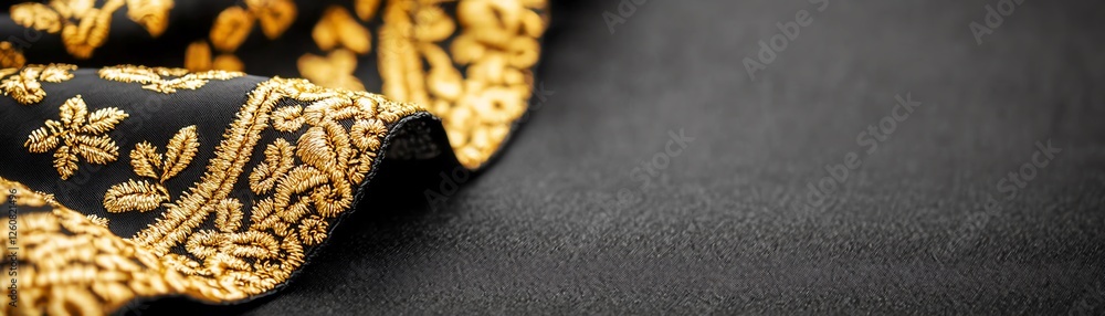 Fototapeta premium Elegant fabric with intricate golden embroidery.