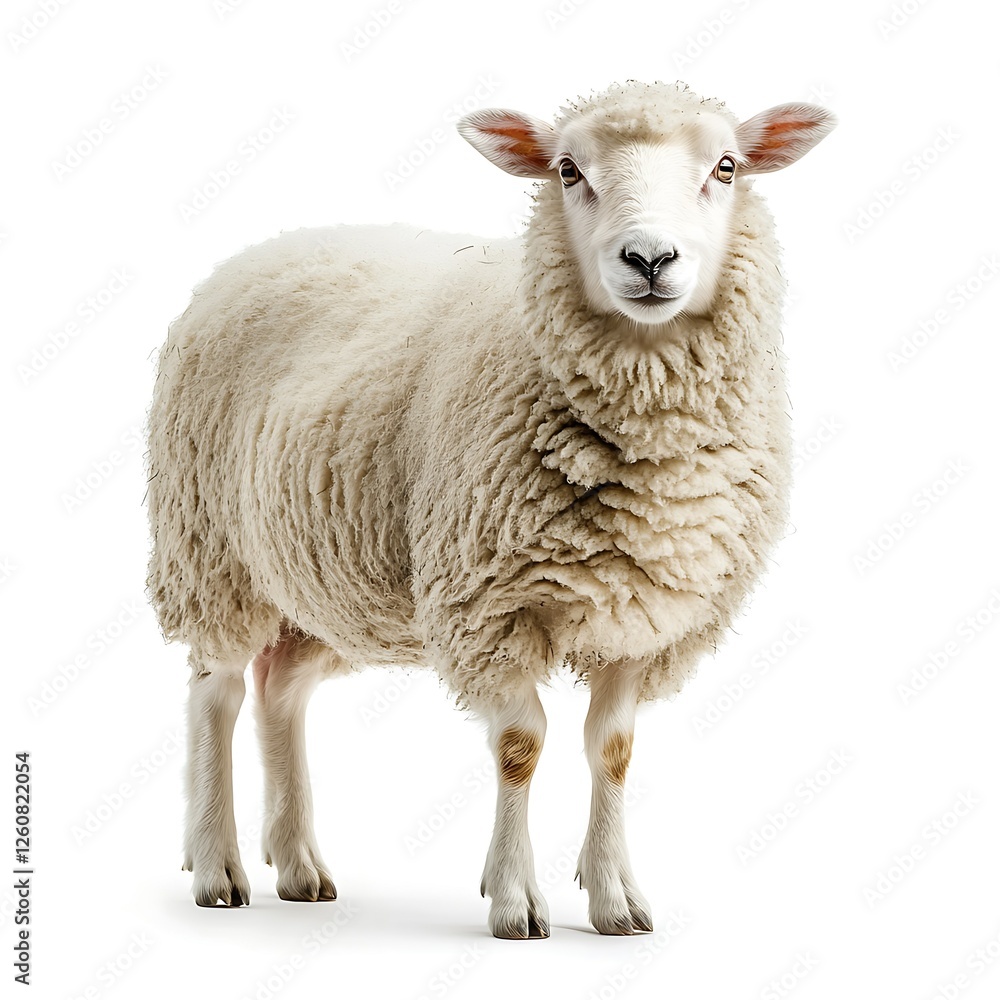 Fluffy sheep, farm animal portrait, white background, wool Fluffy sheep, farm animal portrait, white background, wool