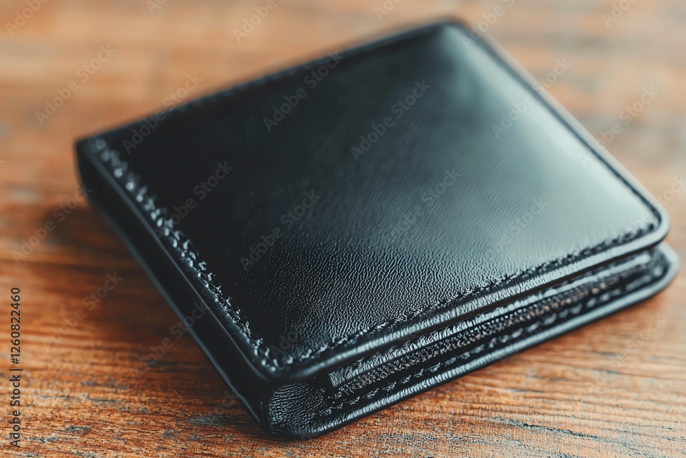 Elegant black leather wallet on wooden table. Elegant black leather wallet on wooden table.