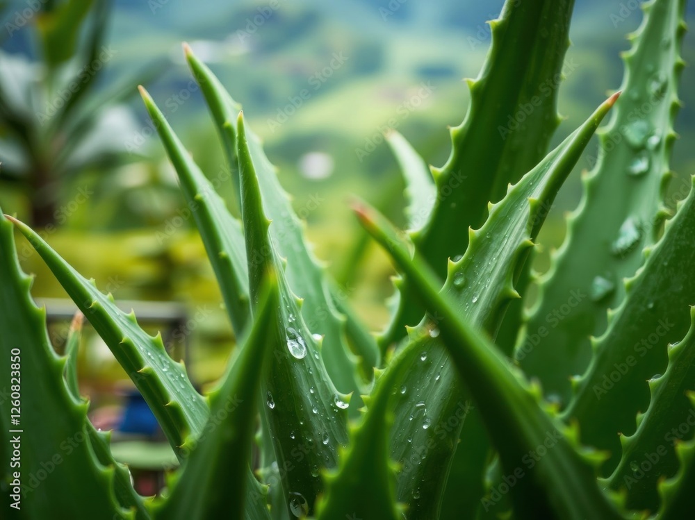 Fototapeta premium Close up of Aloe Vera Plant with Water Droplets