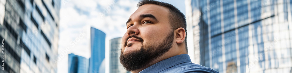 Obraz premium Confident man standing against modern city skyline