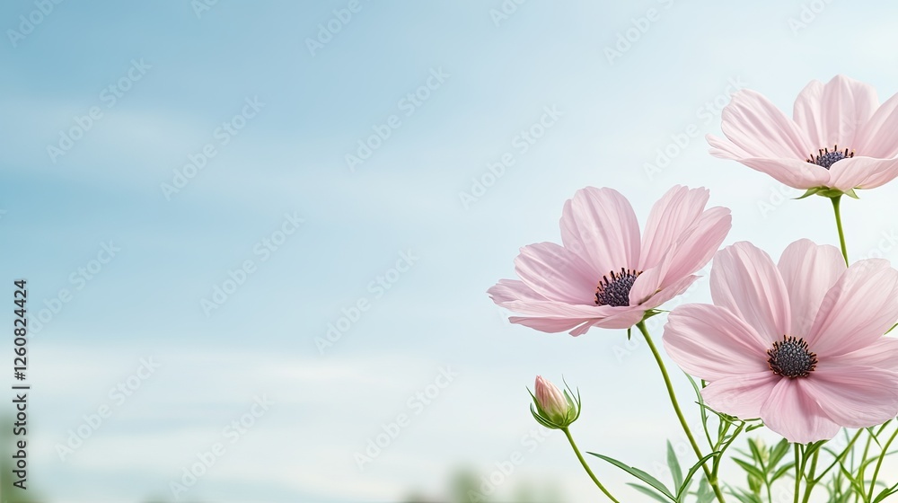 Pink cosmos flowers bloom vibrantly in a meadow against a blurred backdrop of blue sky and soft white clouds, creating a serene atmosphere Pink cosmos flowers bloom vibrantly in a meadow against a blurred backdrop of blue sky and soft white clouds, creating a serene atmosphere