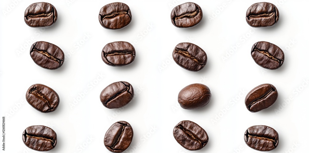 This artistic arrangement features a wide variety of coffee beans beautifully displayed on a pristine white background, making it ideal for coffee related presentations and projects This artistic arrangement features a wide variety of coffee beans beautifully displayed on a pristine white background, making it ideal for coffee related presentations and projects