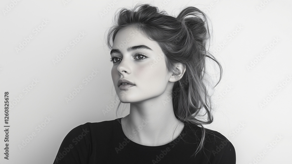 Naklejka premium Black and White Portrait: A captivating monochrome portrait of a young woman with piercing blue eyes and tousled hair, exuding an air of quiet confidence and contemplation.