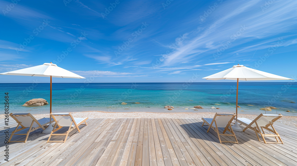 Fototapeta premium beach chairs and umbrella. Summer vacation essentials on the beach, relaxation, travel, sunny holiday, tropical getaway, leisure time, ocean view, and peaceful coastal vibes.