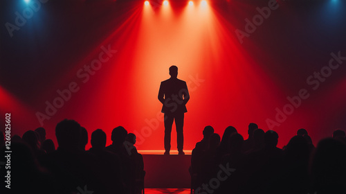 A CEO standing confidently under stage lights, presenting a game-changing business strategy to investors. v2