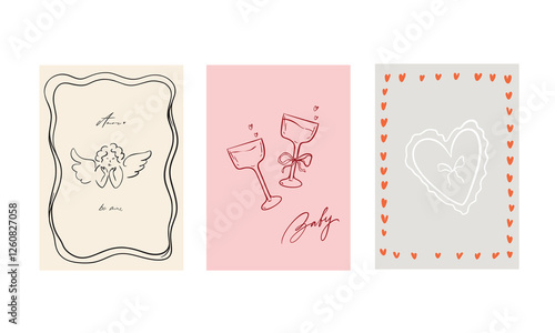 Set of three vector posters for Valentine's Day. With cute, flirty illustrations in doodle style and calligraphic inscriptions and phrases. Lettering. Pink, gray, red