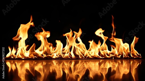 Dramatic scene of a raging fiery blaze with bright flames spreading across the frame showcasing the intense heat energy and power of the combustion process  The vibrant glow scorching temperature photo