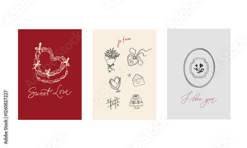 Set of three vector posters for Valentine's Day. With cute, flirty illustrations in doodle style and calligraphic inscriptions and phrases. Lettering. Pink, gray, red