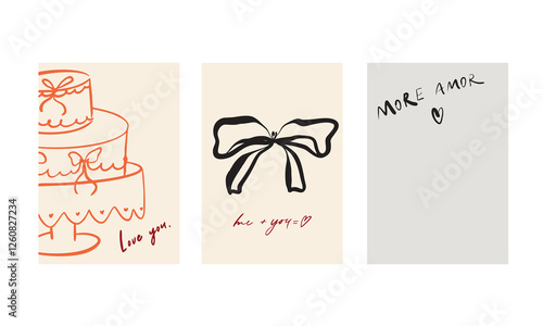 Set of three vector posters for Valentine's Day. With cute, flirty illustrations in doodle style and calligraphic inscriptions and phrases. Lettering. Pink, gray, red