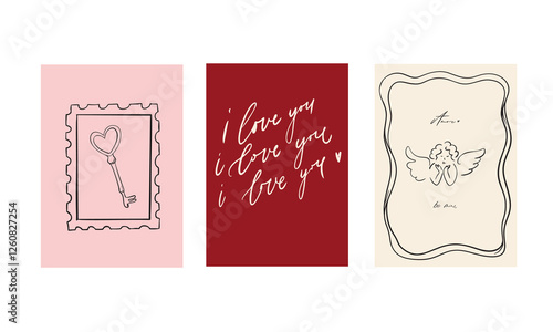 Set of three vector posters for Valentine's Day. With cute, flirty illustrations in doodle style and calligraphic inscriptions and phrases. Lettering. Pink, gray, red