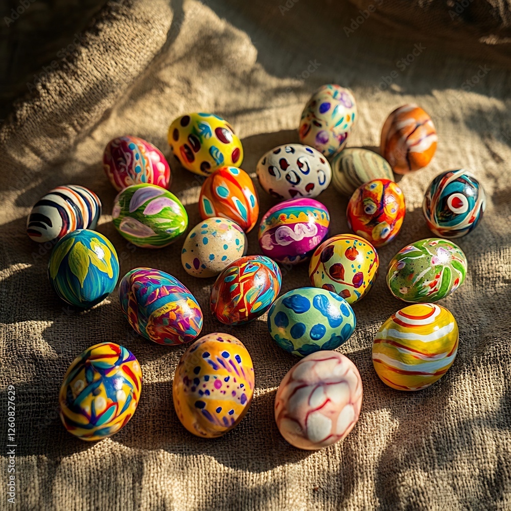 Fototapeta premium Colorful Hand Painted Easter Eggs Scattered on a Rustic Linen Tablecloth in a Sunlit Interior