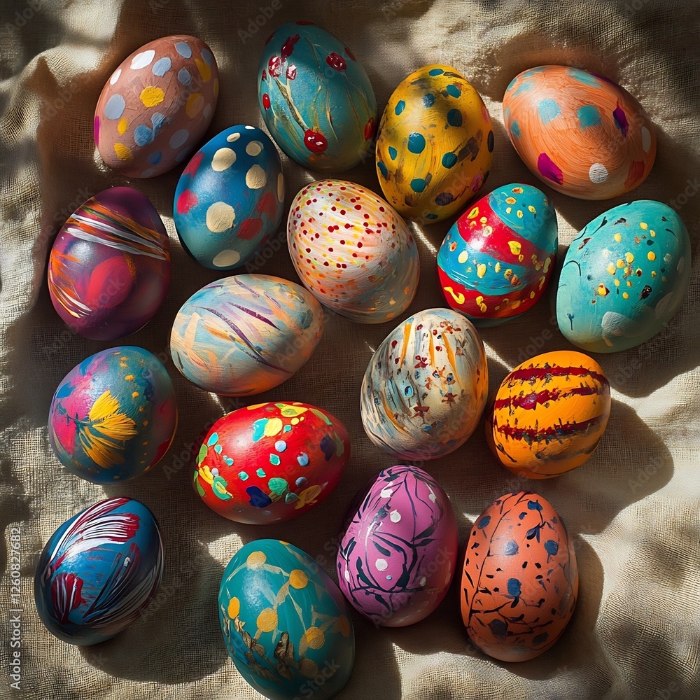 Fototapeta premium Artfully Arranged Hand Painted Easter Eggs in a Soft Ethereal Photographic Scene
