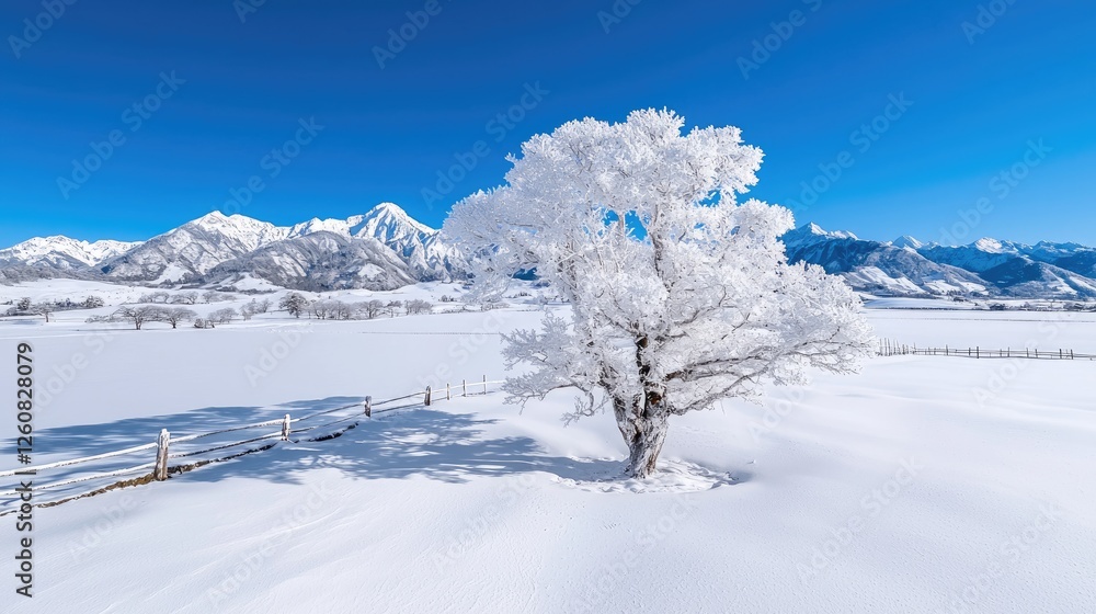 Frosted Tree on Snowy Plains, Mountain Background, Winter Scenery, Outdoor Photography Frosted Tree on Snowy Plains, Mountain Background, Winter Scenery, Outdoor Photography