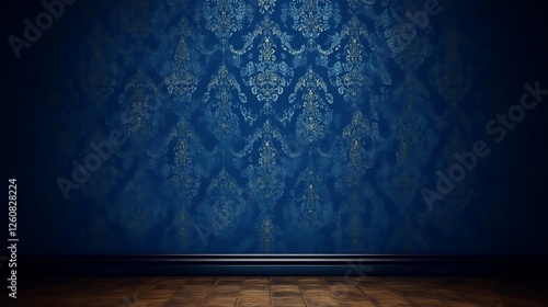 Dark Blue Room With Damask Wallpaper And Wood Floor