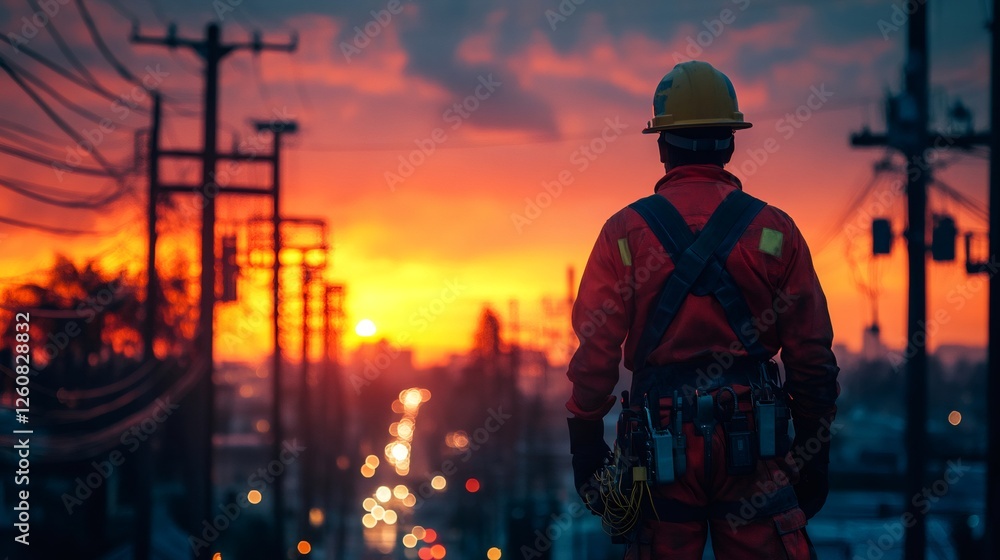 Utility worker overseeing city at vibrant sunset Utility worker overseeing city at vibrant sunset