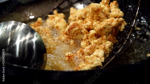 뜨거운 기름에 체로 고기를 튀기는 장면