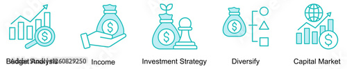 Capital Growth Icon Set Isolated Vector With Icon Of Budget Analysis, Income, Investment Strategy, Diversify, Capital Market