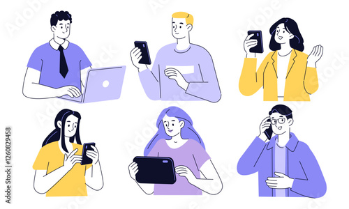 People with devices set. Female and male characters use smartphone, laptop, tablet and talking, typing, texting, chatting. Business doodle outline concept. Vector illustration.