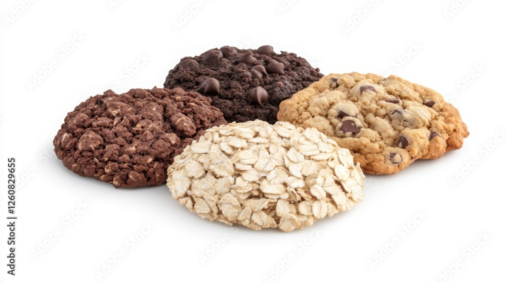 A close-up of a variety of cookies, including chocolate chip, oatmeal, and sugar, with no people present, all placed on a white background. A close-up of a variety of cookies, including chocolate chip, oatmeal, and sugar, with no people present, all placed on a white background.