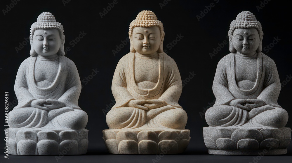 Three Buddha statues in meditation, studio shot. Possible use stock photo for religious, spiritual, or cultural themes Three Buddha statues in meditation, studio shot. Possible use stock photo for religious, spiritual, or cultural themes