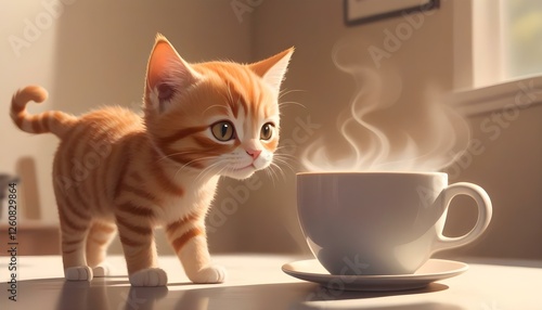 Little ginge cat smells a cup of coffee