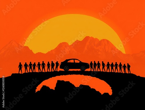 Group of Individuals Silhouetted Against a Vibrant Sunset with Mountains and an Automobile on a Bridge in an Outdoor Setting photo