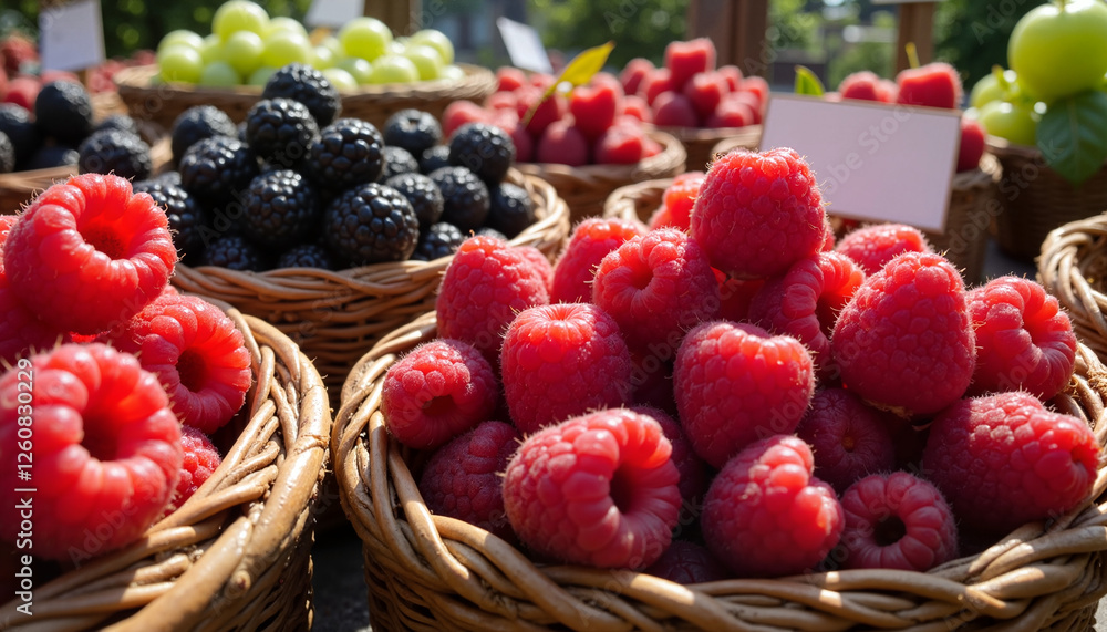 Baskets of fresh raspberries, blackberries, and green grapes at a farmer's market for blogs, websites, healthy eating resources, recipe cards, and food-themed illustrations