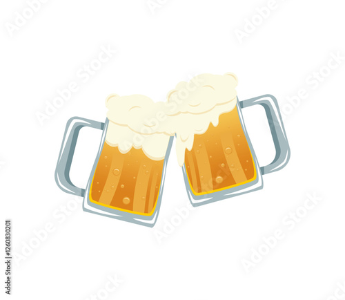Two clinking beer mugs with foam and bubbles