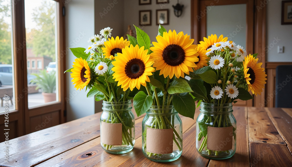Three jars of sunflowers and daisies on a rustic wooden table for blogs, websites, home decor, greeting cards, stationery design, floral arrangements, and uplifting presentations Three jars of sunflowers and daisies on a rustic wooden table for blogs, websites, home decor, greeting cards, stationery design, floral arrangements, and uplifting presentations