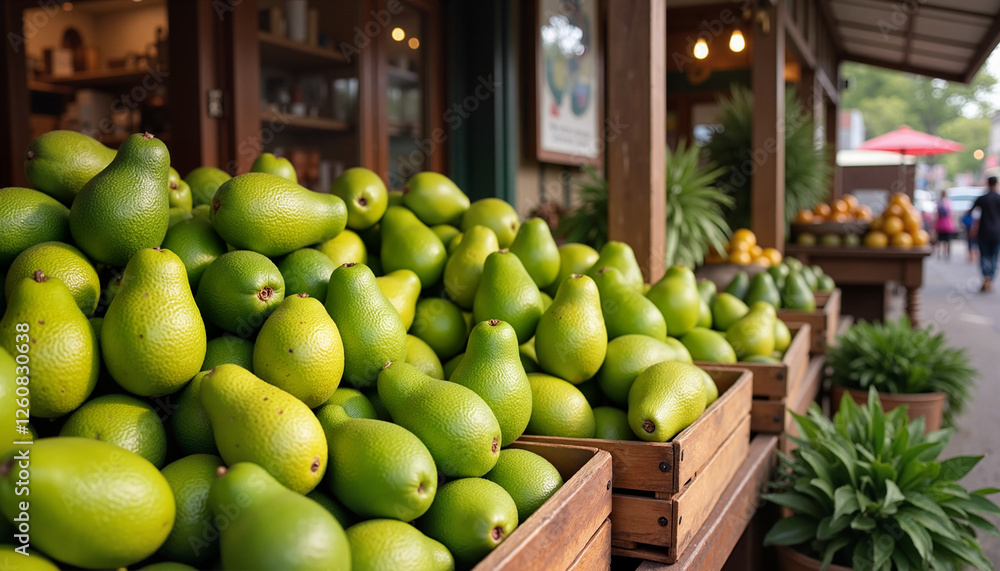 Fresh green avocados displayed in wooden crates at a market for blogs, websites, culinary content, healthy lifestyle promotions, and grocery store marketing