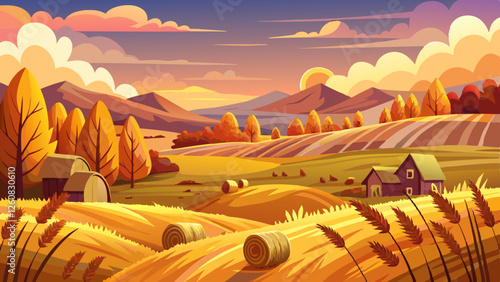 Autumn rural landscape with haystacks cloudy sky and golden wheat harvest during a scenic sunset or sunrise