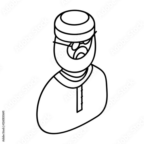 Marriage officiant Qazi  wearing Taqiyah isometric outline vector icon, Muslim marriage Symbol, wedding customs Sign, Indian subcontinent matrimony illustration, Nikah Khawan Imam-e-Masjid concept