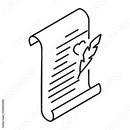 Peacock Feather Nikah Nama Paper isometric outline vector icon, Muslim marriage Symbol, wedding customs Sign, Indian subcontinent matrimony illustration signing a marriage certificate with pen concept