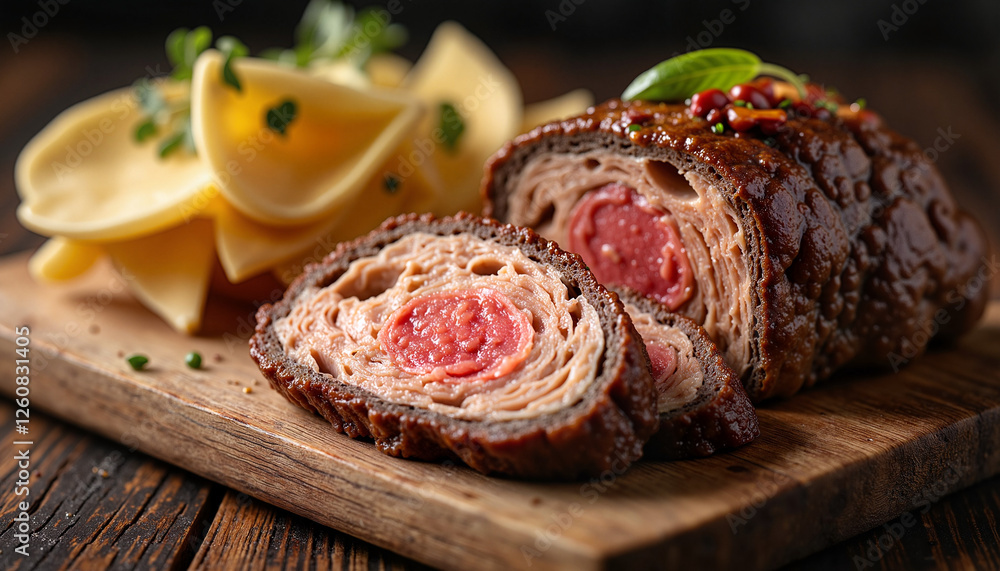 Obraz premium Gourmet beef roll sliced with pasta, culinary elegance