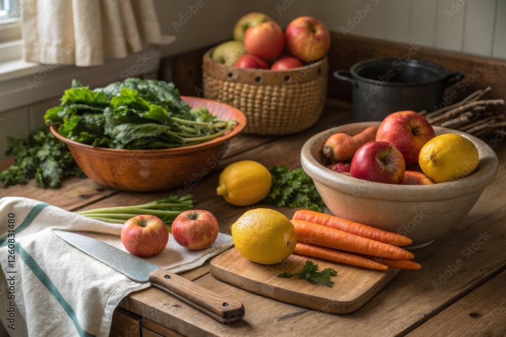 Fresh Vegetables and Fruits in a Rustic Kitchen Fresh Vegetables and Fruits in a Rustic Kitchen