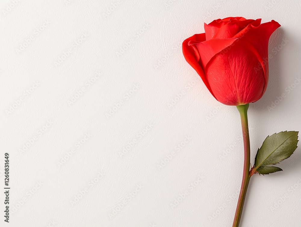 Fototapeta premium A vibrant red rose rests elegantly against a light backdrop, symbolizing love and beauty.