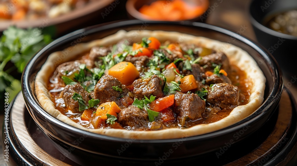 Lamb stew with vegetables, served on bread, rustic setting Lamb stew with vegetables, served on bread, rustic setting