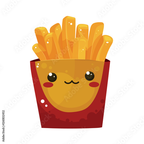 Cute french fries in a red kawaii box. Potatoes fried. Isolated vector illustration for poster, banner, card, commercial, menu