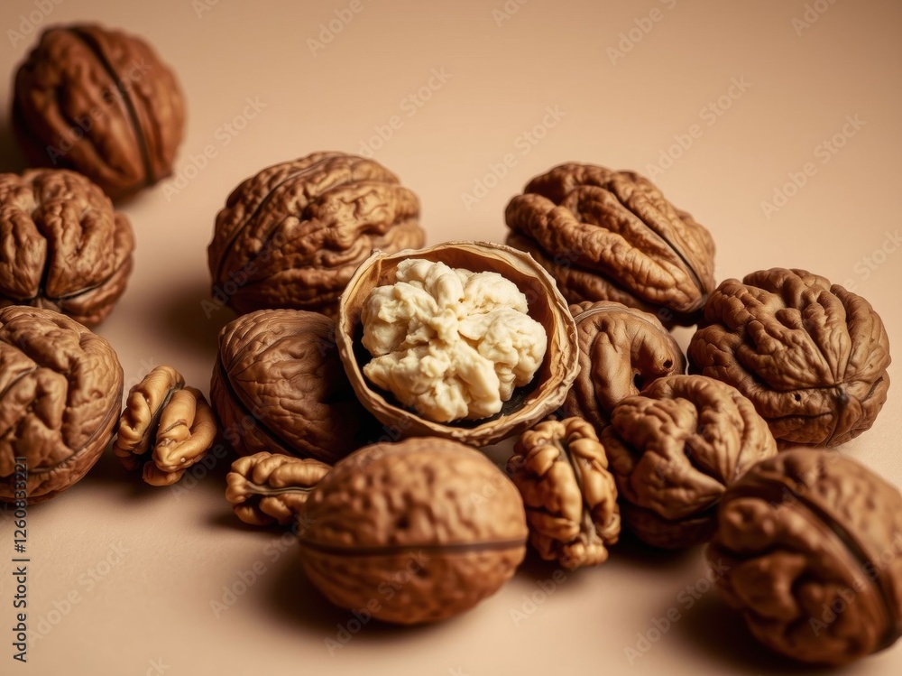 Pile of Walnuts with One Open Showing the Kernel Pile of Walnuts with One Open Showing the Kernel